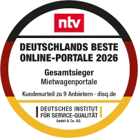 DISQ & ntv: CHECK24 erneut bestes Online-Portal in der Kategorie Mietwagenportale in 2026 - Award Logo